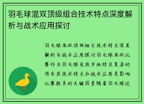羽毛球混双顶级组合技术特点深度解析与战术应用探讨