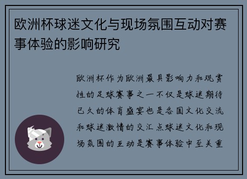 欧洲杯球迷文化与现场氛围互动对赛事体验的影响研究